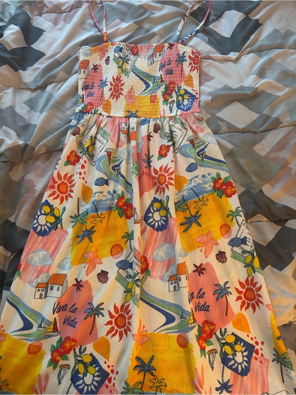 Evolutionary Apparel Yellow Multicolor Tropical Smocked Sundress Small